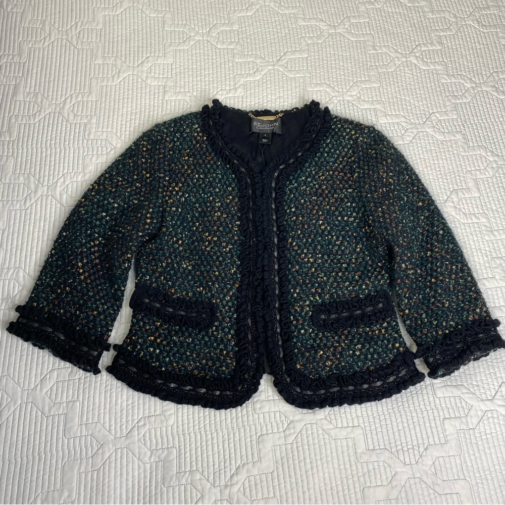 St. John Tweed Bouclé Black Trim Jacket - Green/Blue Multi